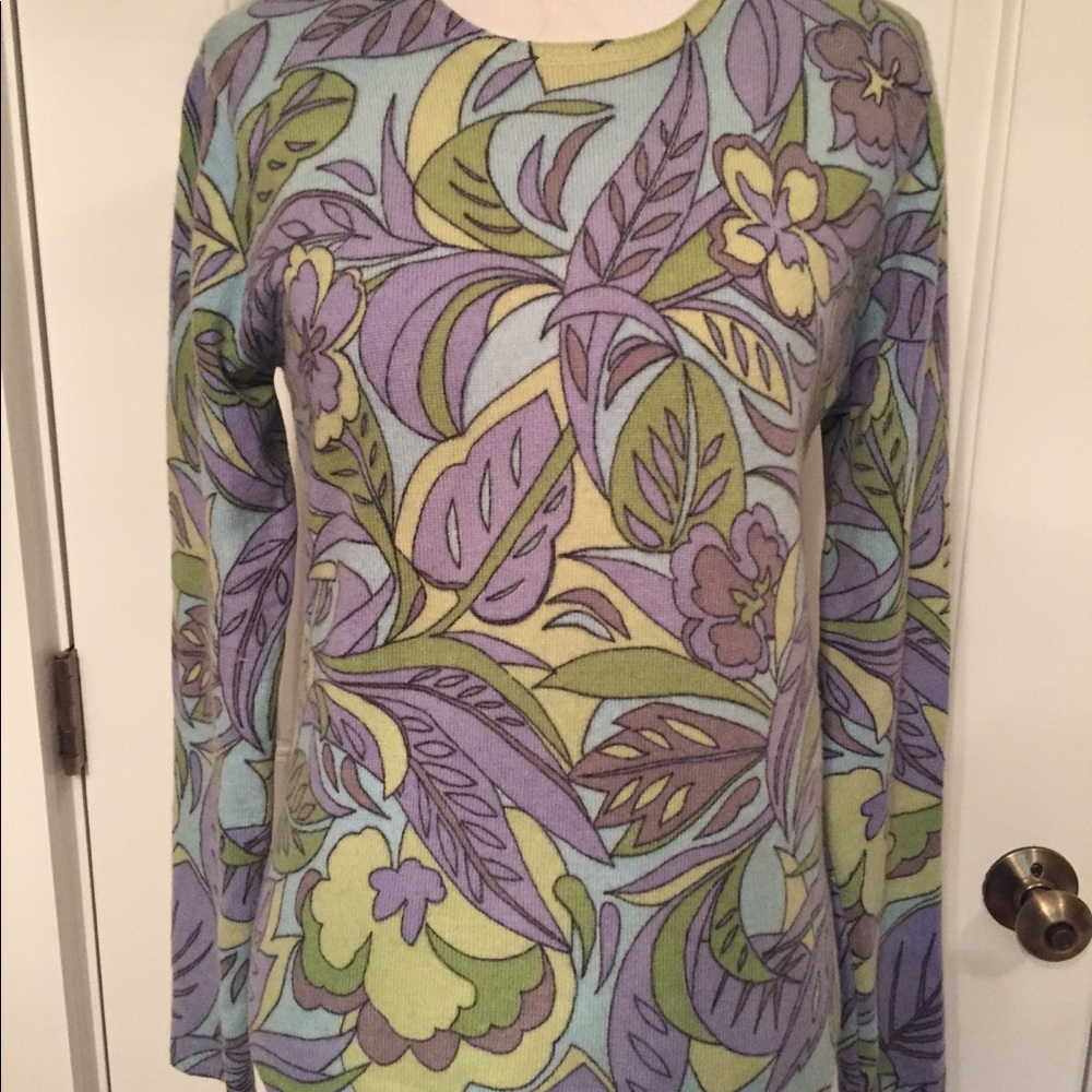 KINROSS SWEATER CASHMERE CREWNECK PURPLE BLACK YELLOW GREEN FLORAL SMALL